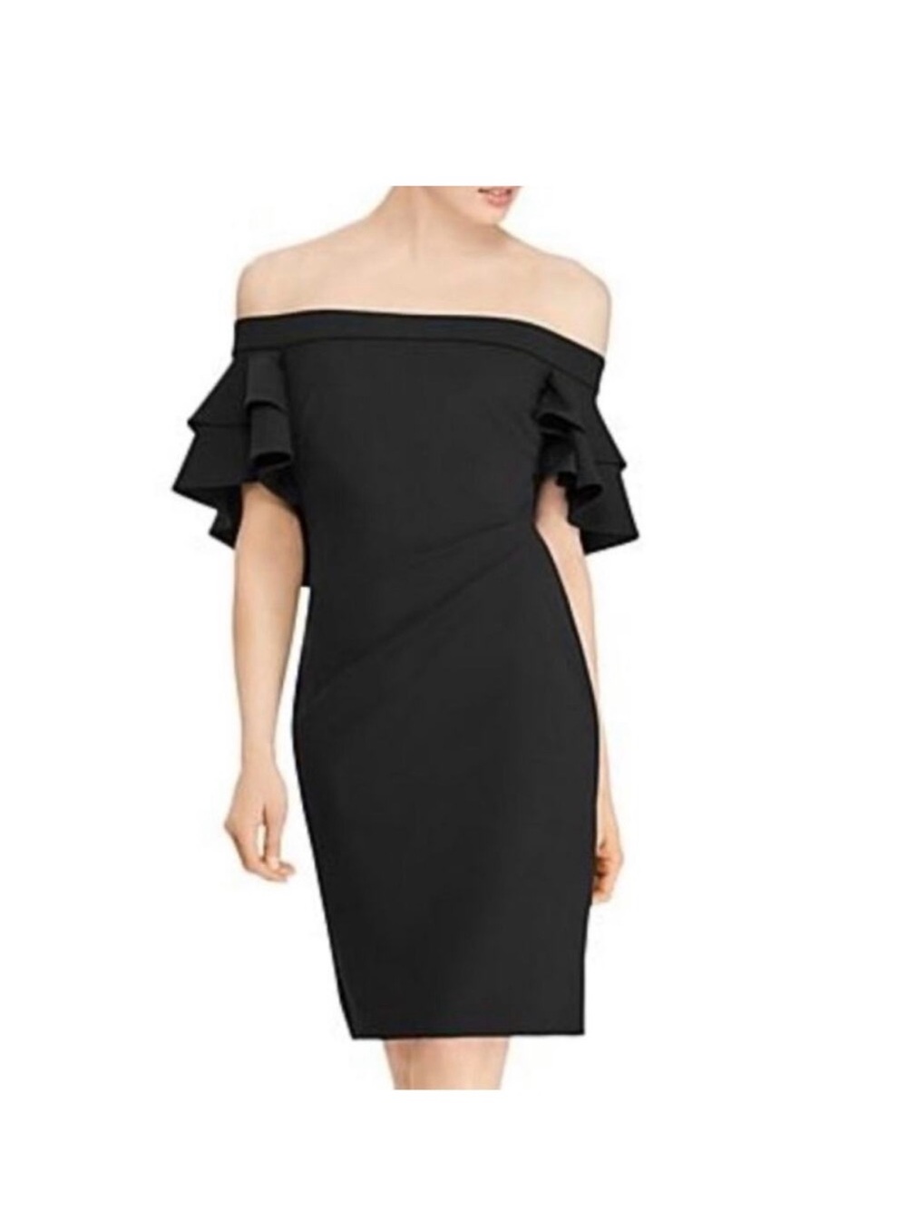 Ralph Lauren Ruffled Off-the-Shoulder Crepe Cocktail Dress Size 8 Black